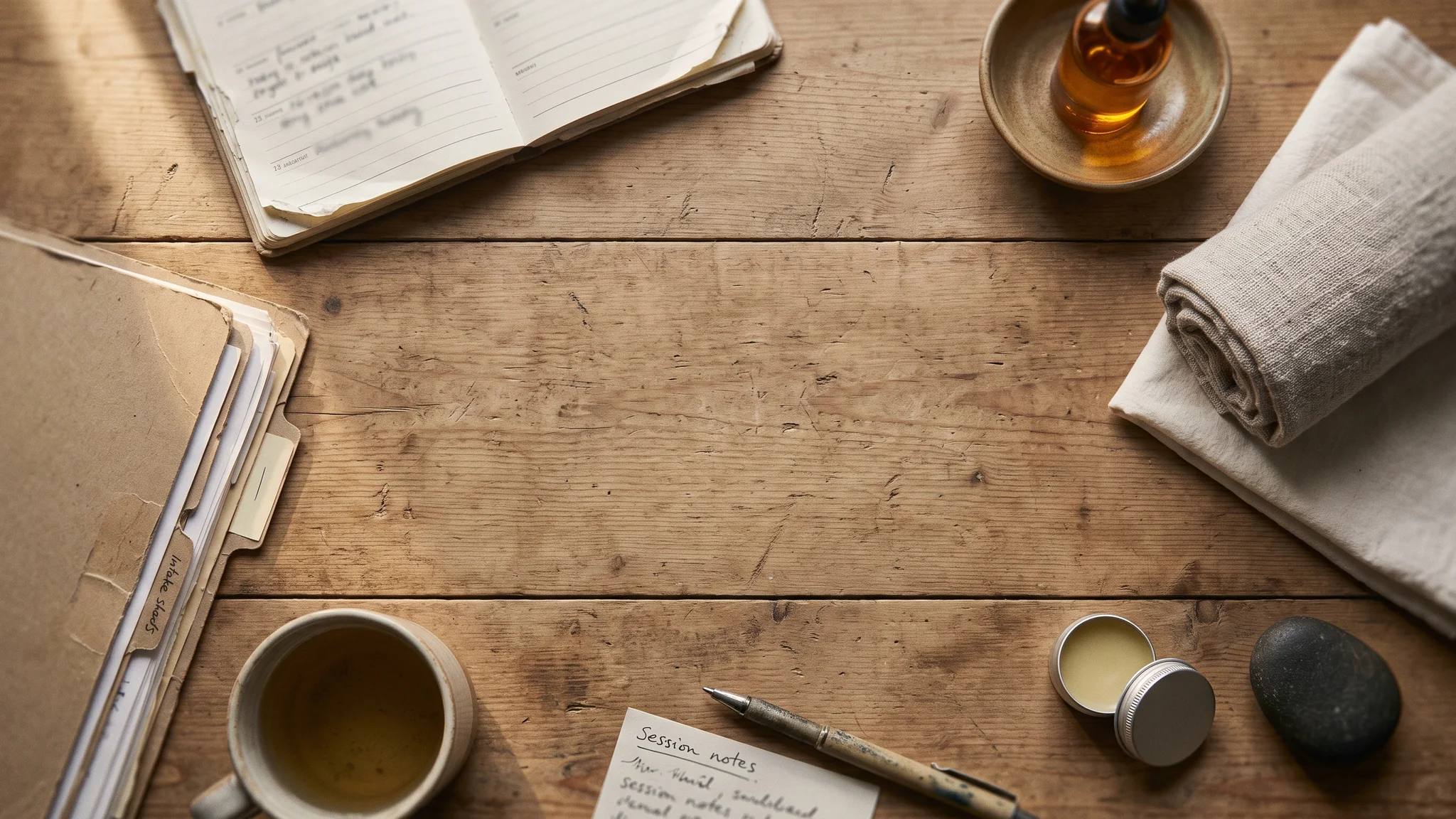 A week-to-view paper diary on a wooden table, beside a folder of intake sheets, an amber oil bottle in a dish, a rolled towel, a pot of balm, a hot stone and a card of session notes.